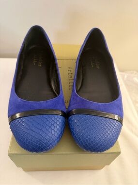NICOLE MILLER SHOES, Sz 6.5, Blue Suede Ballet Flats w/ Black Accent, Very Good